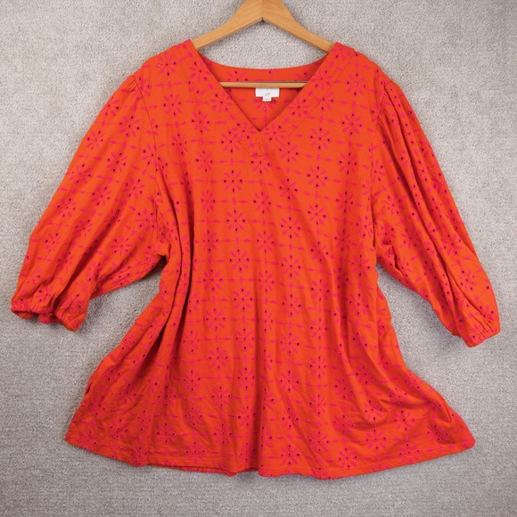 J. Jill Women's Contrasting Eyelet Floral Plus Size Tunic Top 4XL Orange Pink - Picture 1 of 7